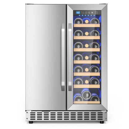 Holds 21 Bottles and 88 Cans Wine and Beverage Refrigerator, 24” Daul Zone Wine Fridge, Freestanding Under Counter Refrigerator, Stainless Steel Beverage Cooler with Adjustable Shelves