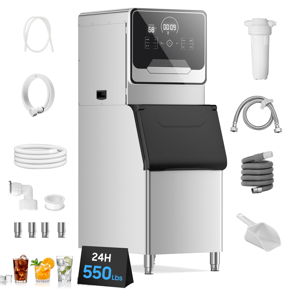 Commercial Ice Maker 605 Lbs/24H Industrial Ice Maker Machine Commercial Ice Machine with 400Lbs Storage, Ice Ready in 5-12 min, Stainless Steel Ice Maker for Bar Cafe Business Restaurant