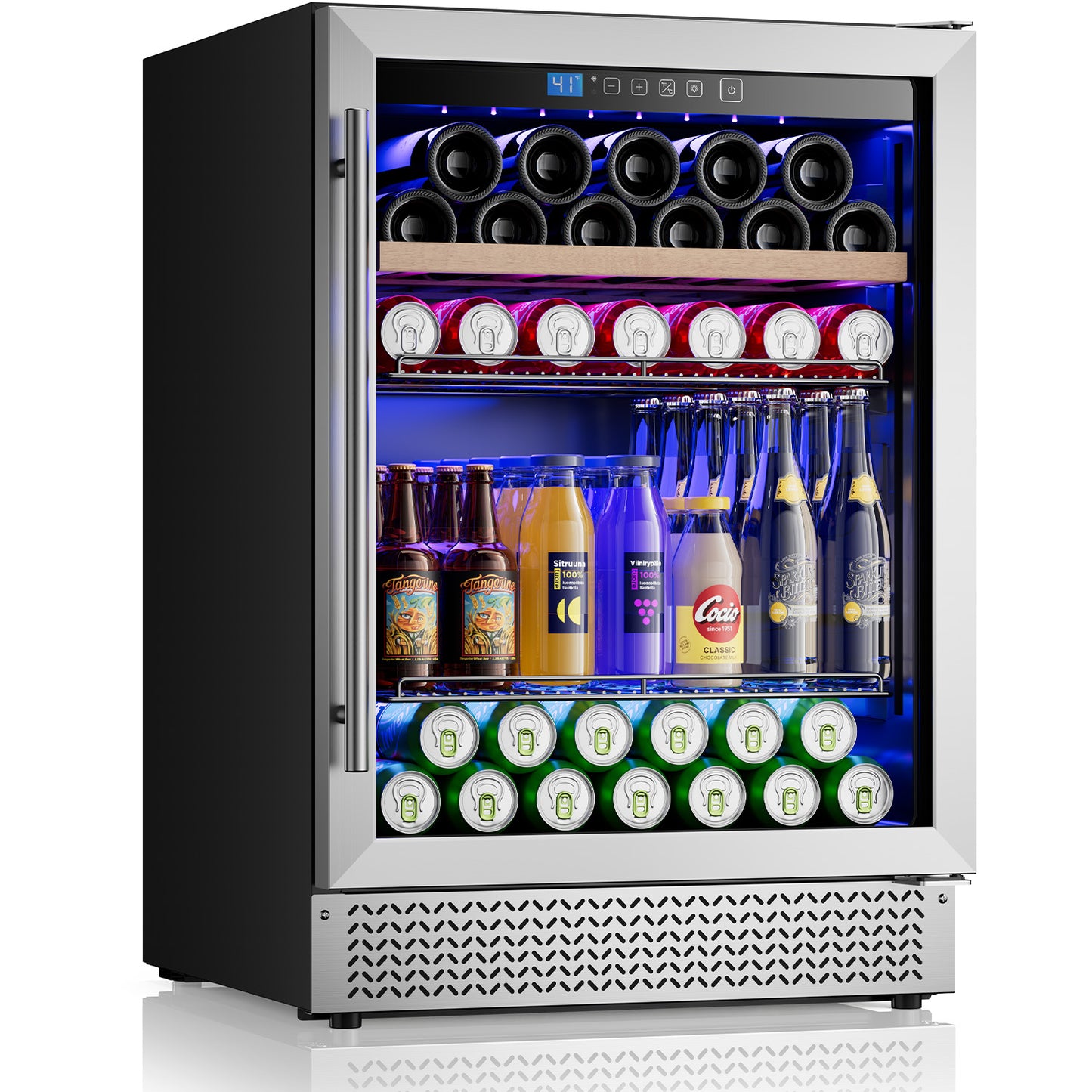 Mini Fridge 24 Inch Under Counter Beverage and Wine Cooler Refrigerator Built-in or Freestanding - 118 Cans & 16 Bottles Capacity with LED Light Glass Door
