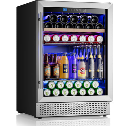 Mini Fridge 24 Inch Under Counter Beverage and Wine Cooler Refrigerator Built-in or Freestanding - 118 Cans & 16 Bottles Capacity with LED Light Glass Door