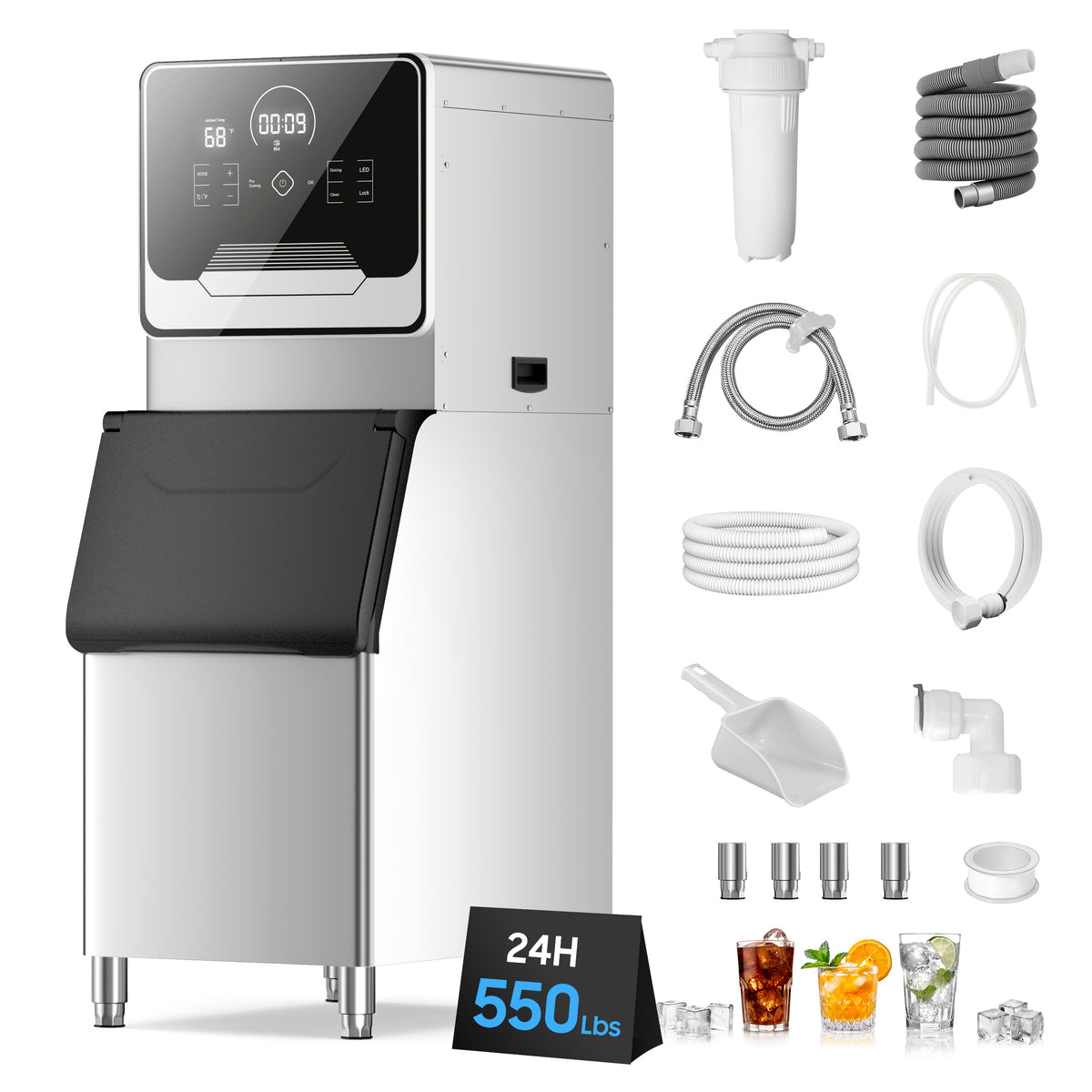 Commercial Ice Maker 605 Lbs/24H Industrial Ice Maker Machine Commercial Ice Machine with 400Lbs Storage, Ice Ready in 5-12 min, Stainless Steel Ice Maker for Bar Cafe Business Restaurant