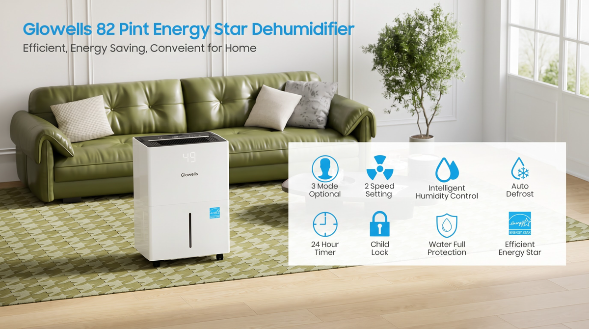 Glowells  82 Pints Energy Star Dehumidifier for Home, 5500 Sq.Ft Basement Dehumidifier with Drain Hose for Large Room Bathroom Bedroom, Compressor Dehumidifiers with Smart Humidity Control, Auto Defrost