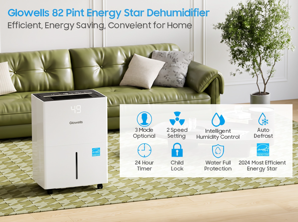 Glowells  82 Pints Energy Star Dehumidifier for Home, 5500 Sq.Ft Basement Dehumidifier with Drain Hose for Large Room Bathroom Bedroom, Compressor Dehumidifiers with Smart Humidity Control, Auto Defrost