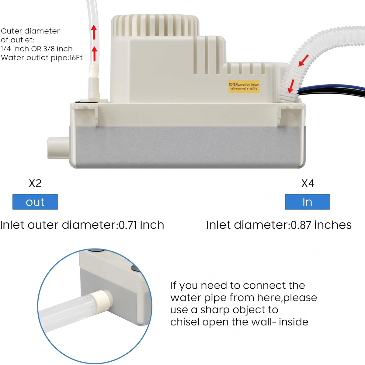 Automatic Condensate Removal Pump, HVAC Condensate Removal for Air Conditioner, Furnace, Dehumidifier,Ice Machine - 115 Volts/60Hz Ultra-Quiet with 16 Ft Hose,4 Water inlets & 2 Type outlets