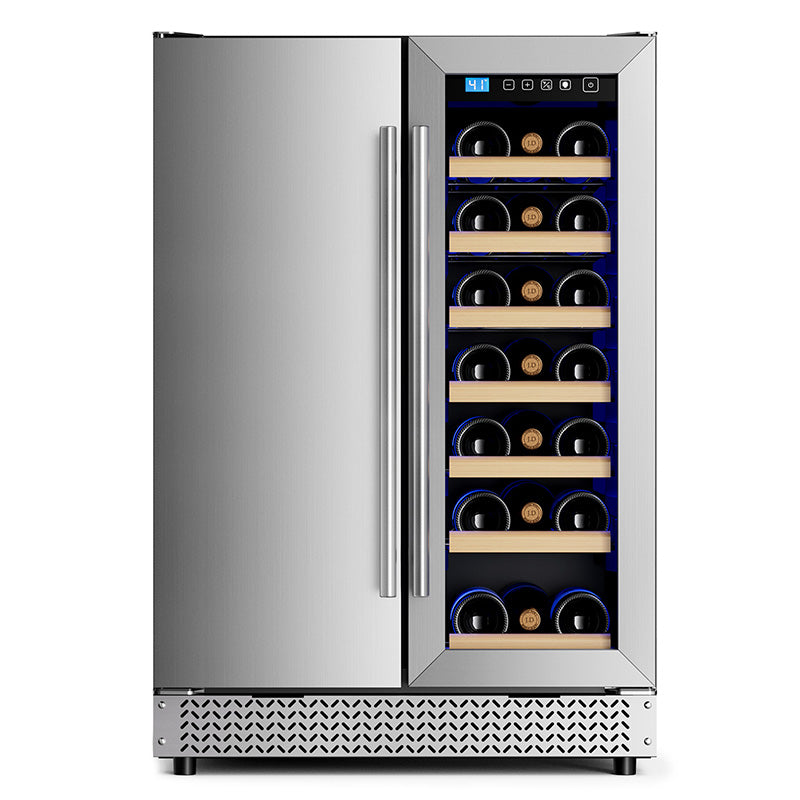 Wine and Beverage Refrigerator, 24” Daul Zone Wine Fridge, Freestanding Under Counter Refrigerator, Stainless Steel Beverage Cooler with Adjustable Shelves, Holds 21 Bottles and 88 Cans