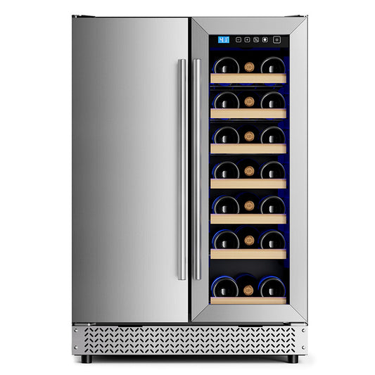 Wine and Beverage Refrigerator, 24” Daul Zone Wine Fridge, Freestanding Under Counter Refrigerator, Stainless Steel Beverage Cooler with Adjustable Shelves, Holds 21 Bottles and 88 Cans