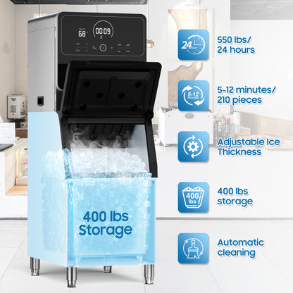 Commercial Ice Maker 550 Lbs/24H Commercial Ice Maker Machine Industrial Ice Machine with 400Lbs Storage, Ice Ready in 5-12 min, Stainless Steel Ice Maker for Bar Cafe Business Restaurant