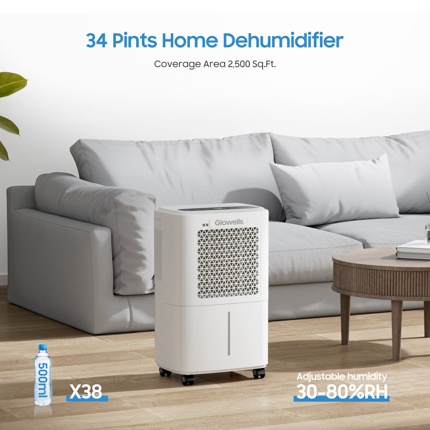 2500 Sq.Ft Dehumidifiers for Home Basement with Drain Hose, 34 Pints Large Room Dehumidifier Portable with Smart Humidity Control, 3 Opeartion Modes for RV, Bathroom, Bedroom