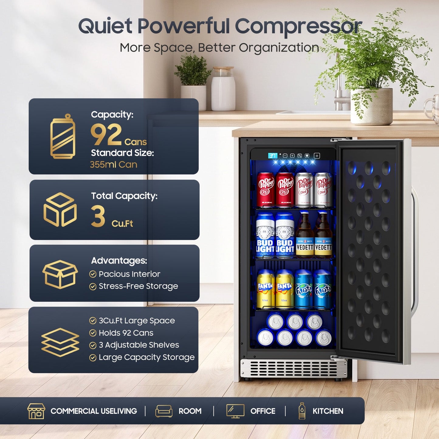 15In Outdoor Mini Fridge, 92Cans Outdoor Beverage Refrigerator for Patio and Soda Beer Wine-Kitchen Bar Office