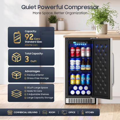 15In Outdoor Mini Fridge, 92Cans Outdoor Beverage Refrigerator for Patio and Soda Beer Wine-Kitchen Bar Office