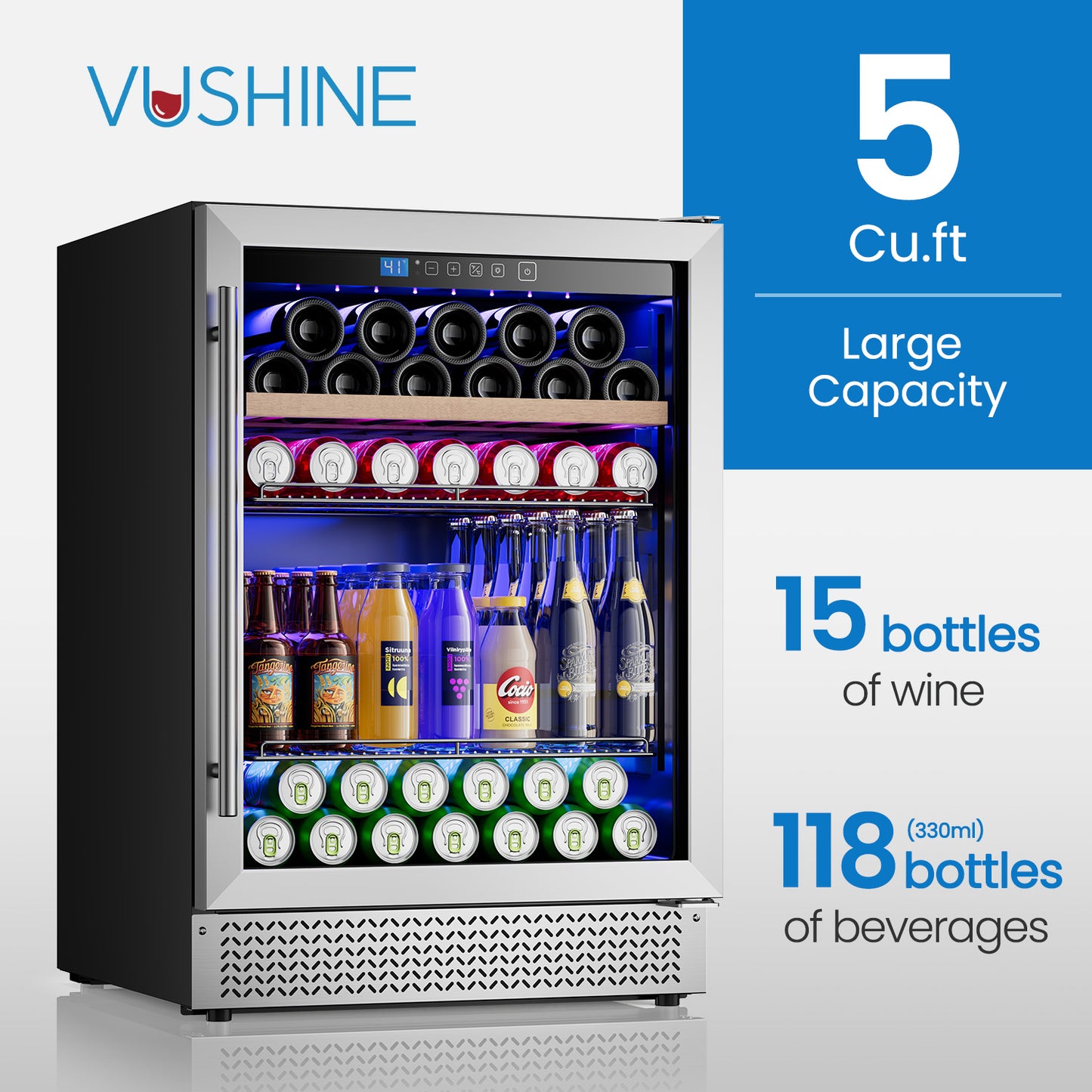 Mini Fridge 24 Inch Under Counter Beverage and Wine Cooler Refrigerator Built-in or Freestanding - 118 Cans & 16 Bottles Capacity with LED Light Glass Door
