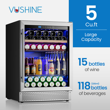 Mini Fridge 24 Inch Under Counter Beverage and Wine Cooler Refrigerator Built-in or Freestanding - 118 Cans & 16 Bottles Capacity with LED Light Glass Door