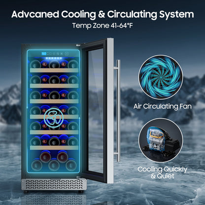 15 Inch Wine Fridge, 35 Bottles Wine Fridge Small with Glass Door Built-in or Freestanding, Wine Cooler Refrigerator Compressor Quick Cooling&Low Noise-Kitchen Bar Office