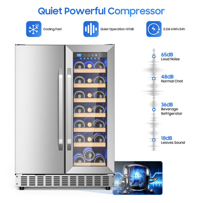 Holds 21 Bottles and 88 Cans Wine and Beverage Refrigerator, 24” Daul Zone Wine Fridge, Freestanding Under Counter Refrigerator, Stainless Steel Beverage Cooler with Adjustable Shelves