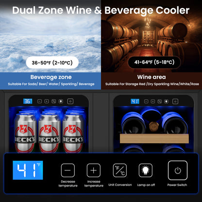 Wine and Beverage Refrigerator 24'', Dual Zone Wine Fridge Built in or Freestanding, Beverage Cooler with Glass Door holds 21 Bottles and 88 Cans, Upgrade Cooling Low Noise for Kitchen, Bar, Office