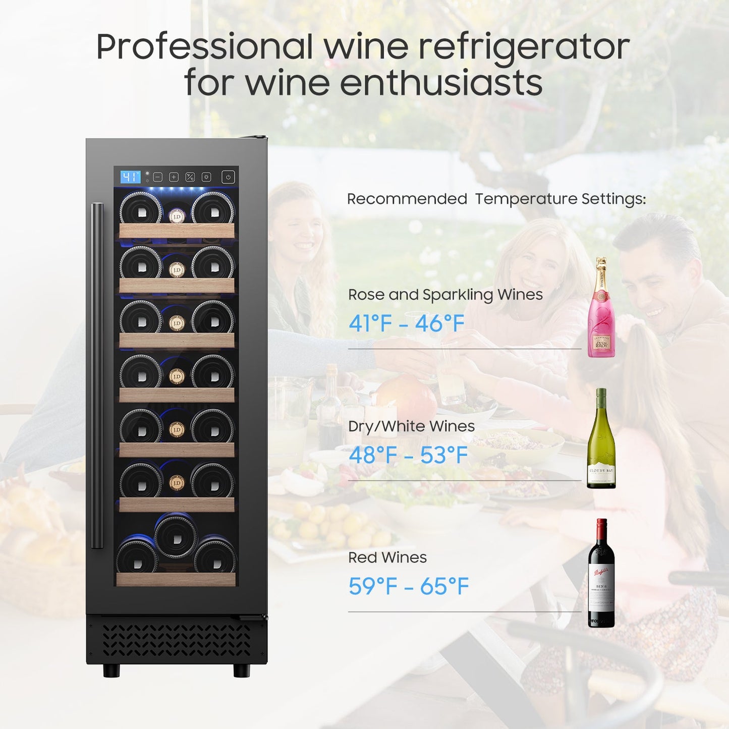 12" Wine Cooler Refrigerator 21 Bottle Wine Fridge Built-in or Freestanding with Double-Layer Tempered Glass Door Compressor quick cooling,Low Noise