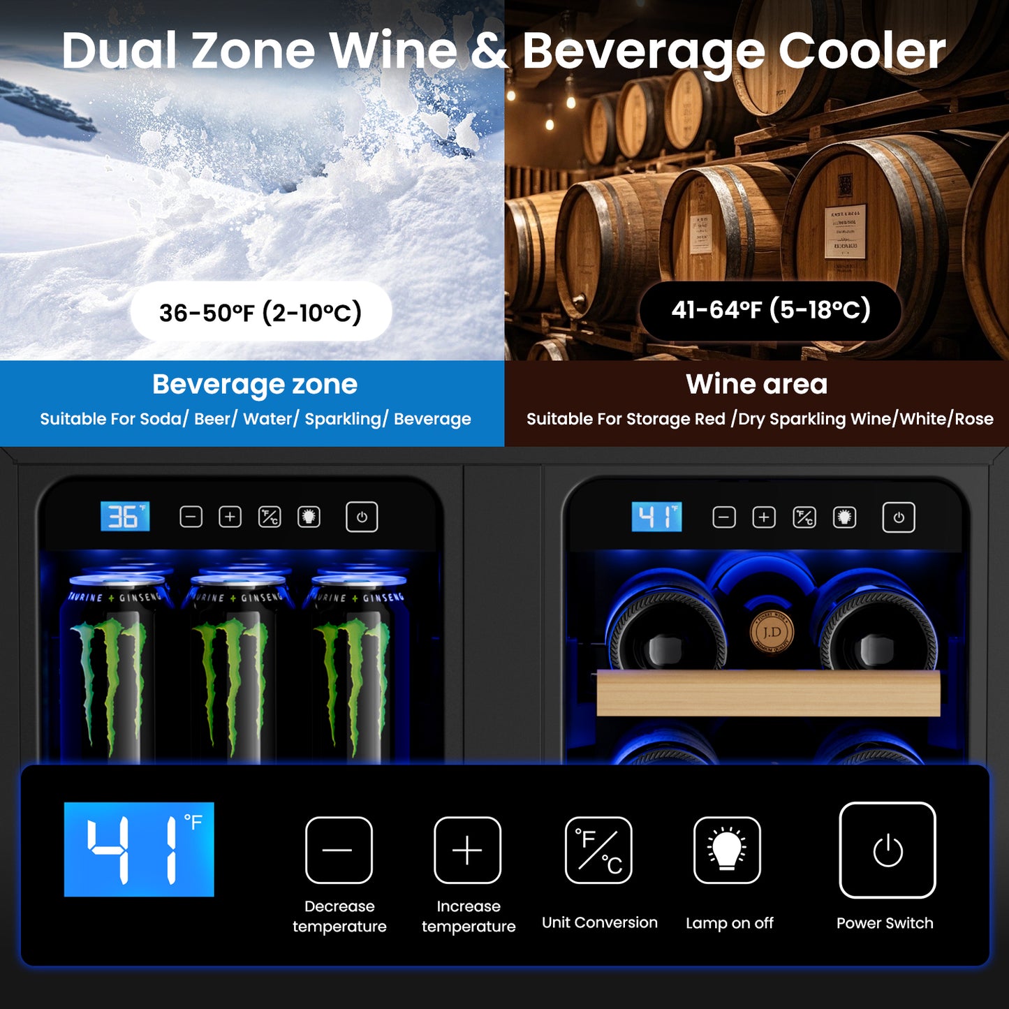 Wine and Beverage Refrigerator, 24” Daul Zone Wine Fridge, Freestanding Under Counter Refrigerator, Stainless Steel Beverage Cooler with Adjustable Shelves, Holds 21 Bottles and 88 Cans