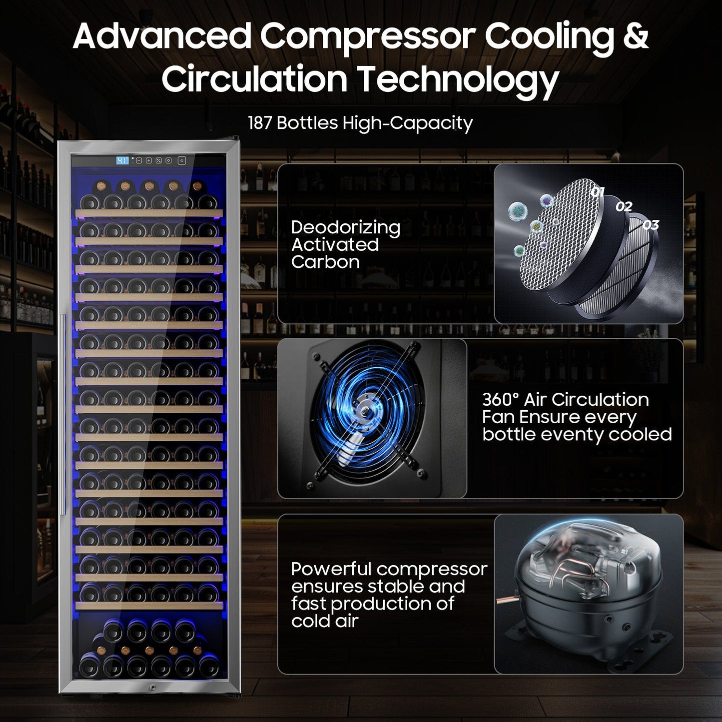 24 Inch Wine Cooler Refrigerator,187 Bottles Large Wine Fridge Freestanding Tall Wine Cooler with Upgraded Compressor, Low Noise and Elegant Design for The Wine Lovers