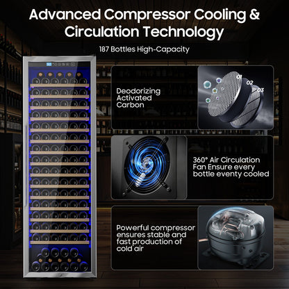 24 Inch Wine Cooler Refrigerator,187 Bottles Large Wine Fridge Freestanding Tall Wine Cooler with Upgraded Compressor, Low Noise and Elegant Design for The Wine Lovers