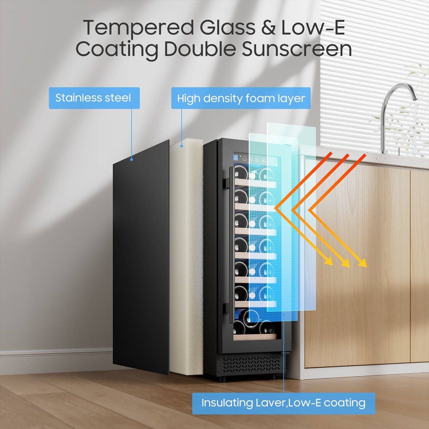 12" Wine Cooler Refrigerator 21 Bottle Wine Fridge Built-in or Freestanding with Double-Layer Tempered Glass Door Compressor quick cooling,Low Noise