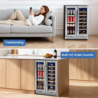 Wine and Beverage Refrigerator 24'', Dual Zone Wine Fridge Built in or Freestanding, Beverage Cooler with Glass Door holds 21 Bottles and 88 Cans, Upgrade Cooling Low Noise for Kitchen, Bar, Office