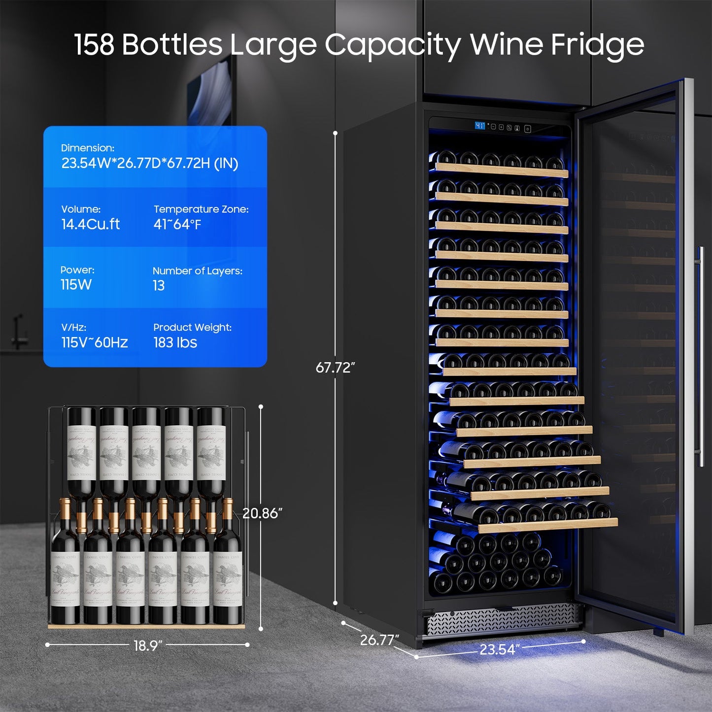 158-Bottle Wine Cooler Refrigerator Suitable for Mixed Bottle Sizes, 24 Inch Wine Refrigerator Freestanding with Professional Temperature Control System, Low Noise Operation