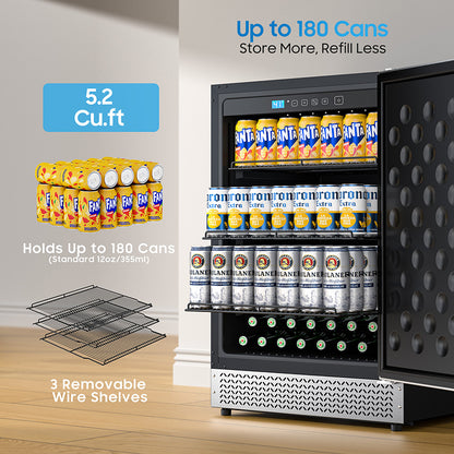 24’’Outdoor Beverage Refrigerator, Built-In or Freestanding Drink Fridge 180 Cans, Undercounter Waterproof Stainless Steel Door, Outdoor Refrigerator for Patio & Commercial Use for Beer, Soda, Wine