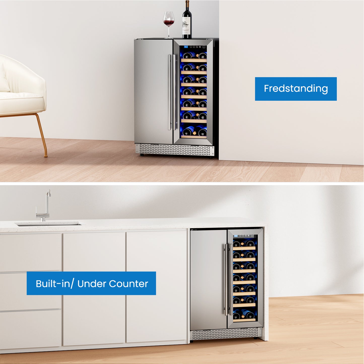 Wine and Beverage Refrigerator, 24” Daul Zone Wine Fridge, Freestanding Under Counter Refrigerator, Stainless Steel Beverage Cooler with Adjustable Shelves, Holds 21 Bottles and 88 Cans