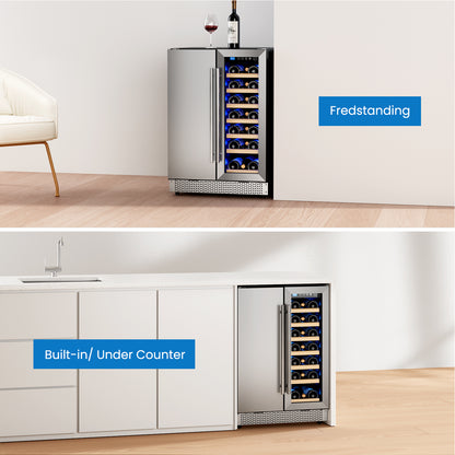 Wine and Beverage Refrigerator, 24” Daul Zone Wine Fridge, Freestanding Under Counter Refrigerator, Stainless Steel Beverage Cooler with Adjustable Shelves, Holds 21 Bottles and 88 Cans