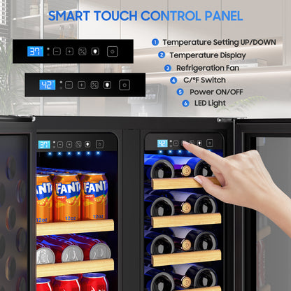 Holds 21 Bottles and 88 Cans Wine and Beverage Refrigerator, 24” Daul Zone Wine Fridge, Freestanding Under Counter Refrigerator, Stainless Steel Beverage Cooler with Adjustable Shelves