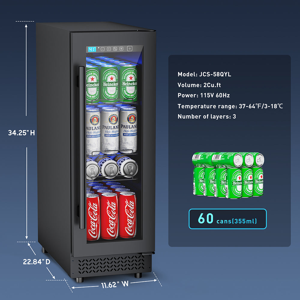 60 Can Beverage Refrigerator Cooler for Cubicle under Desk/Counter Office Camping, 2 Cu.Ft Mini Fridge Beverage Cooler with Glass Door for Water Juices Cola Bottles