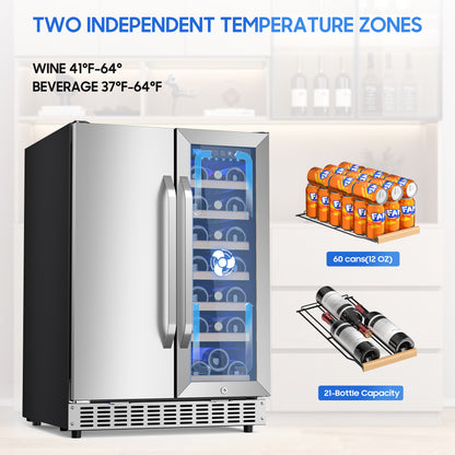 Holds 21 Bottles and 88 Cans Wine and Beverage Refrigerator, 24” Daul Zone Wine Fridge, Freestanding Under Counter Refrigerator, Stainless Steel Beverage Cooler with Adjustable Shelves