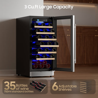 15 Inch Wine Fridge, 35 Bottles Wine Fridge Small with Glass Door Built-in or Freestanding, Wine Cooler Refrigerator Compressor Quick Cooling&Low Noise-Kitchen Bar Office