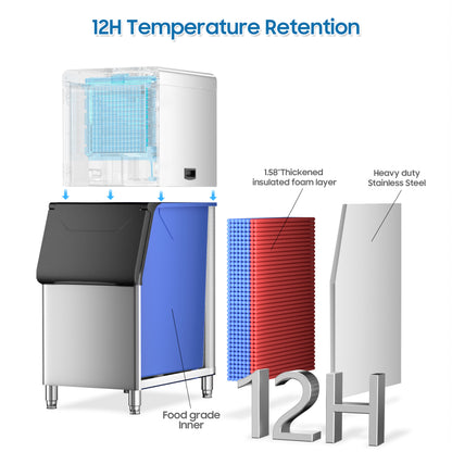 Commercial Ice Maker 550 Lbs/24H Commercial Ice Maker Machine Industrial Ice Machine with 400Lbs Storage, Ice Ready in 5-12 min, Stainless Steel Ice Maker for Bar Cafe Business Restaurant
