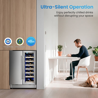 Wine and Beverage Refrigerator, 24” Daul Zone Wine Fridge, Freestanding Under Counter Refrigerator, Stainless Steel Beverage Cooler with Adjustable Shelves, Holds 21 Bottles and 88 Cans