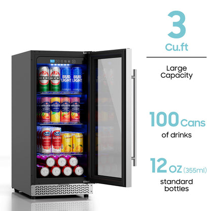 15 Inch Beverage Refrigerator, 100 Can Under Counter Beverage Fridge with Glass Door Built-in or Freestanding, Drink Fridge for Soda Beer Wine-Kitchen Bar Office