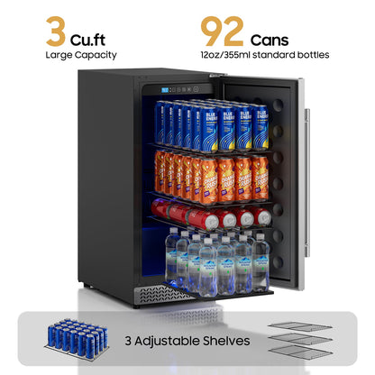 15 Inch Outdoor Fridge, 92 Cans Beverage Refrigerator with Stainless Steel Door Built-In or Freestanding, Outdoor Refrigerator for Patio & Waterproof for Soda Beer Wine-Kitchen Bar Office