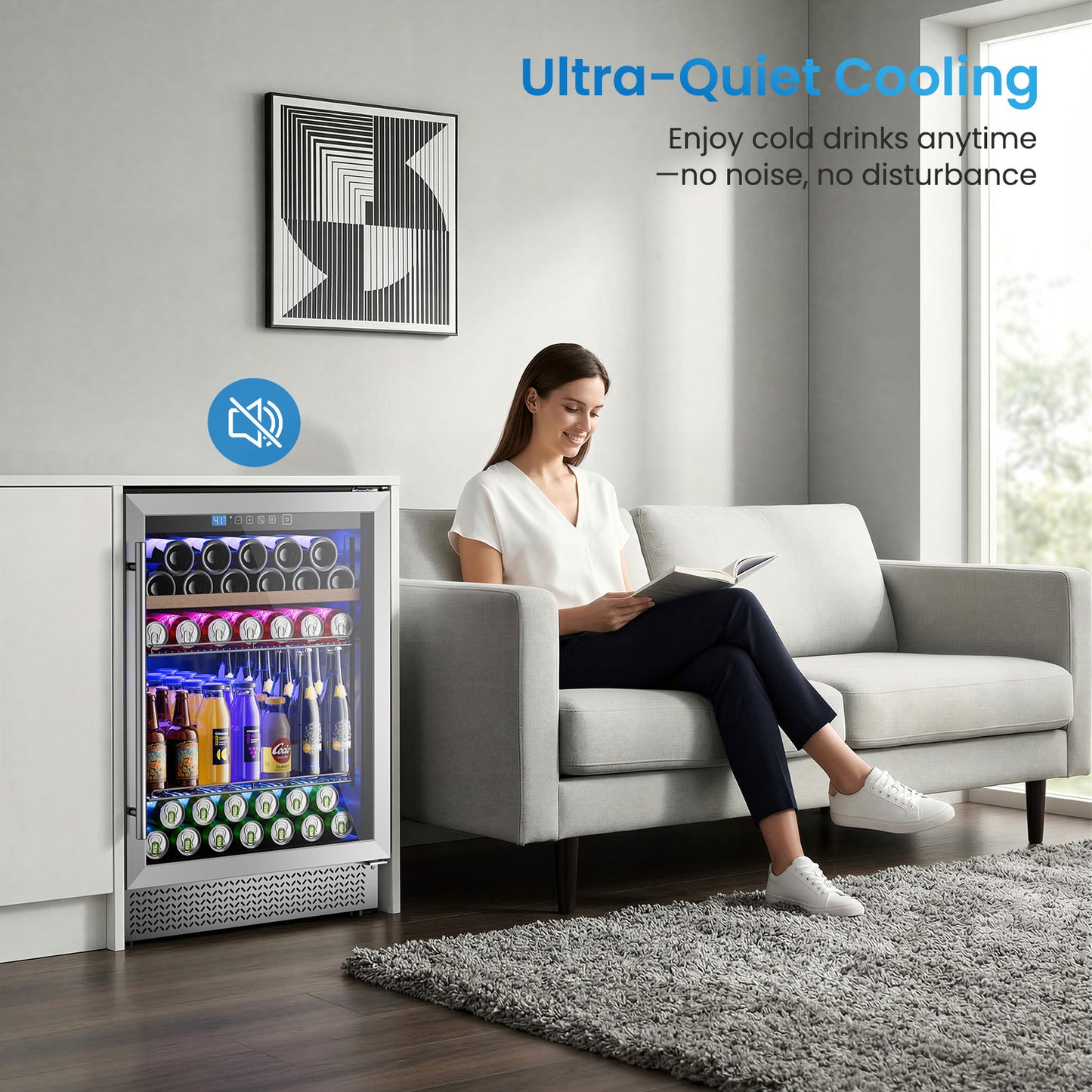 Mini Fridge 24 Inch Under Counter Beverage and Wine Cooler Refrigerator Built-in or Freestanding - 118 Cans & 16 Bottles Capacity with LED Light Glass Door