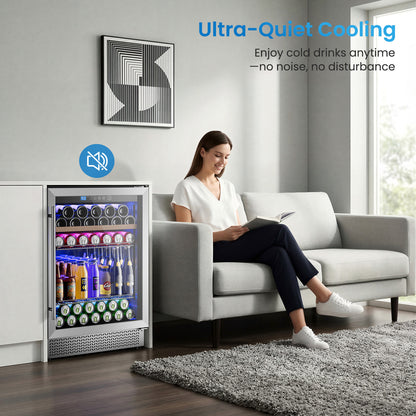 Mini Fridge 24 Inch Under Counter Beverage and Wine Cooler Refrigerator Built-in or Freestanding - 118 Cans & 16 Bottles Capacity with LED Light Glass Door