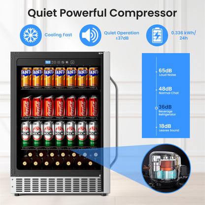 Built-In or Freestanding Drink Fridge 180 Cans, Outdoor Beverage Refrigerator 24’’, Undercounter Waterproof Stainless Steel Door, Outdoor Refrigerator for Patio & Commercial Use for Beer, Soda, Wine