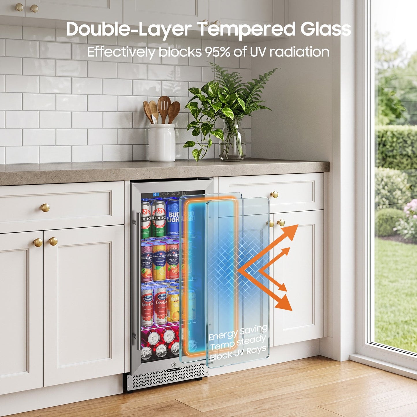 15 Inch Beverage Refrigerator, 100 Can Under Counter Beverage Fridge with Glass Door Built-in or Freestanding, Drink Fridge for Soda Beer Wine-Kitchen Bar Office
