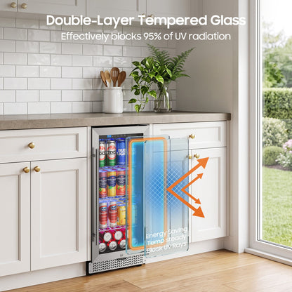 15 Inch Beverage Refrigerator, 100 Can Under Counter Beverage Fridge with Glass Door Built-in or Freestanding, Drink Fridge for Soda Beer Wine-Kitchen Bar Office