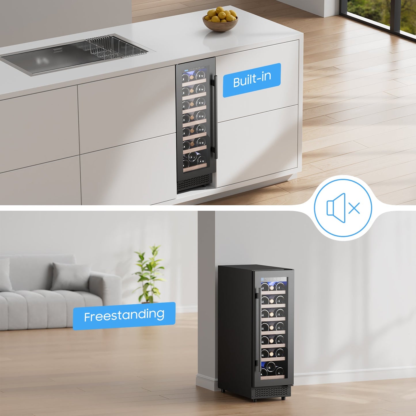 12" Wine Cooler Refrigerator 21 Bottle Wine Fridge Built-in or Freestanding with Double-Layer Tempered Glass Door Compressor quick cooling,Low Noise