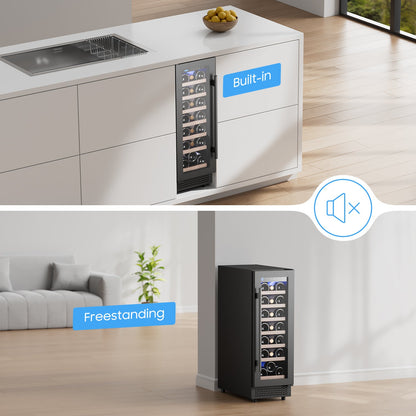 12" Wine Cooler Refrigerator 21 Bottle Wine Fridge Built-in or Freestanding with Double-Layer Tempered Glass Door Compressor quick cooling,Low Noise