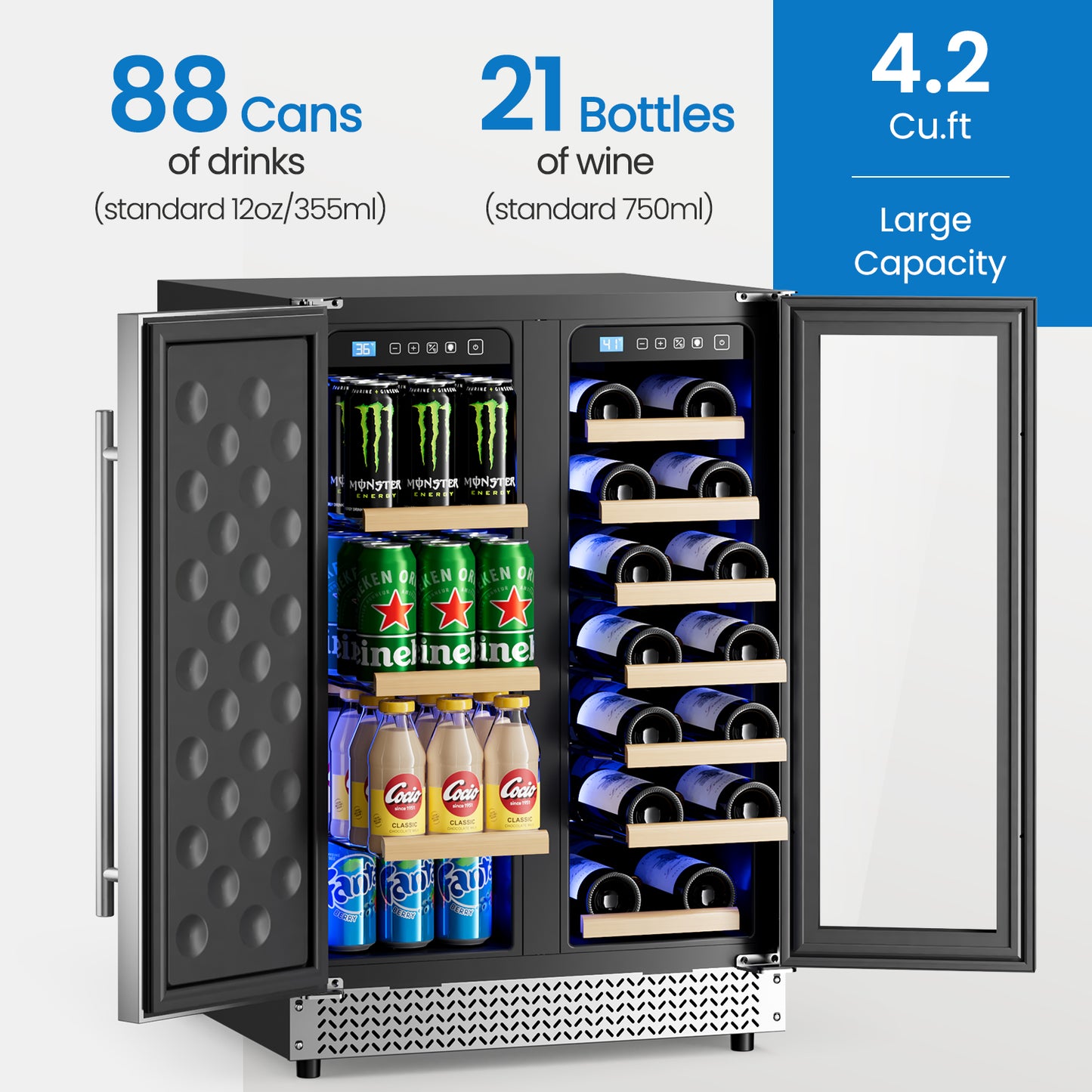 Wine and Beverage Refrigerator, 24” Daul Zone Wine Fridge, Freestanding Under Counter Refrigerator, Stainless Steel Beverage Cooler with Adjustable Shelves, Holds 21 Bottles and 88 Cans