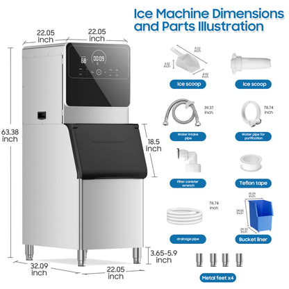 Commercial Ice Maker 550 Lbs/24H Commercial Ice Maker Machine Industrial Ice Machine with 400Lbs Storage, Ice Ready in 5-12 min, Stainless Steel Ice Maker for Bar Cafe Business Restaurant