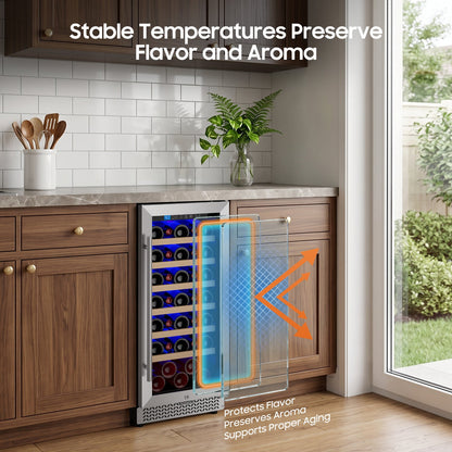 15 Inch Wine Fridge, 35 Bottles Wine Fridge Small with Glass Door Built-in or Freestanding, Wine Cooler Refrigerator Compressor Quick Cooling&Low Noise-Kitchen Bar Office