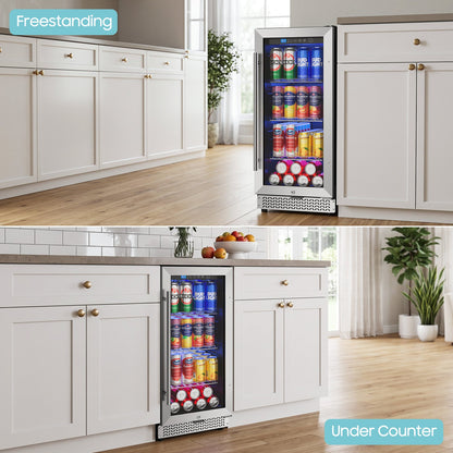 15 Inch Beverage Refrigerator, 100 Can Under Counter Beverage Fridge with Glass Door Built-in or Freestanding, Drink Fridge for Soda Beer Wine-Kitchen Bar Office