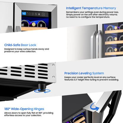 Holds 21 Bottles and 88 Cans Wine and Beverage Refrigerator, 24” Daul Zone Wine Fridge, Freestanding Under Counter Refrigerator, Stainless Steel Beverage Cooler with Adjustable Shelves