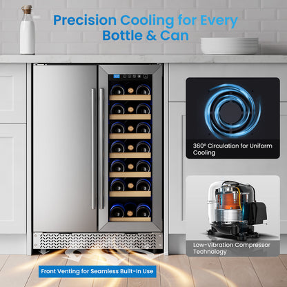 Wine and Beverage Refrigerator, 24” Daul Zone Wine Fridge, Freestanding Under Counter Refrigerator, Stainless Steel Beverage Cooler with Adjustable Shelves, Holds 21 Bottles and 88 Cans